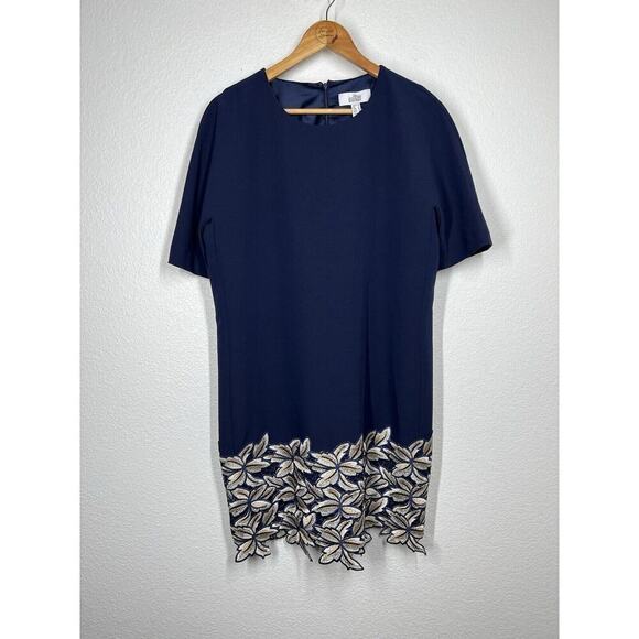Belle Badgley Mischka Larissa Embroidered Shift Dress Size 10 Navy Gold - Picture 1 of 5